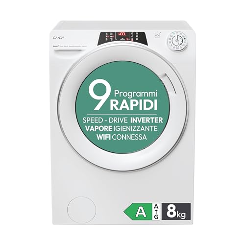 Candy RapidÓ RO 1284DWMST/1-S Lavatrice, 8 Kg, 1200 Giri, Wi-Fi + BLE, Connesso, Opzione Vapore, Cicli Rapidi, Classe A, 60x53x85 cm, Bianco [Classe di efficienza energetica A] - Design e materiali