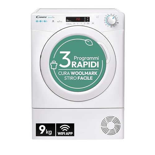 Candy Smart Pro Asciugatrice 9 Kg a Pompa di Calore, Libera Installazione, Classe E, Connessione Wi-Fi + BLE, Controllo da App, Snap & Dry, 59,6 x 58,5 x 85 cm, Bianca - CSOE H9A2DE-S - Design e materiali