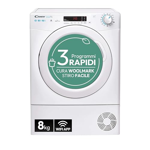 Candy Smart Pro CSOE H8A2DE-S Asciugatrice a Pompa di Calore, 8 kg, Carica Frontale, Programma Stiro Facile, Connettività NFC, Libera Installazione, 59,6x58,5x85 cm, Bianco, Classe E - Design e materiali
