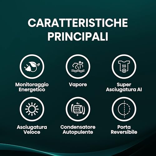 Hisense DH7S107BW Asciugatrice Pompa di Calore con AI, Condensatore Autopulente, Refresh Vapore, Ion Tech, 10kg Classe C, Display TFT a colori, Smart e Connect Life, Oblò Doppia Porta - Funzionalità e accessori
