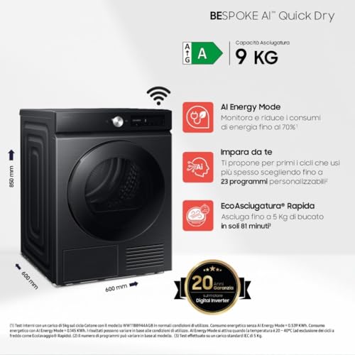 Samsung Asciugatrice Bespoke AI DV90DB7845GB/U3, 9 kg, Pompa di Calore, Wifi, QuickDrive, AI Dry, Hygine Dry, Carica Frontale, 60L x 85H x 60P cm - Prova pratica