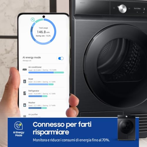 Samsung Asciugatrice Bespoke AI DV90DB7845GB/U3, 9 kg, Pompa di Calore, Wifi, QuickDrive, AI Dry, Hygine Dry, Carica Frontale, 60L x 85H x 60P cm - Funzionalità e accessori