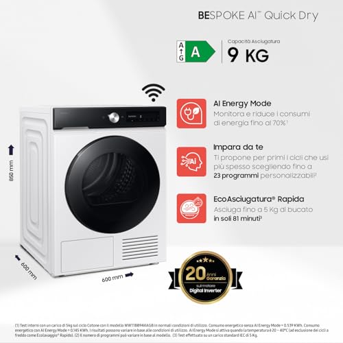 Samsung Asciugatrice Bespoke AI DV90DB7845GE/U3, 9 kg, Pompa di Calore, Wifi, QuickDrive, AI Dry, Sensore Optimal Dry, Display AI Control, Carica Frontale, 60L x 85H x 60P cm - Prova pratica