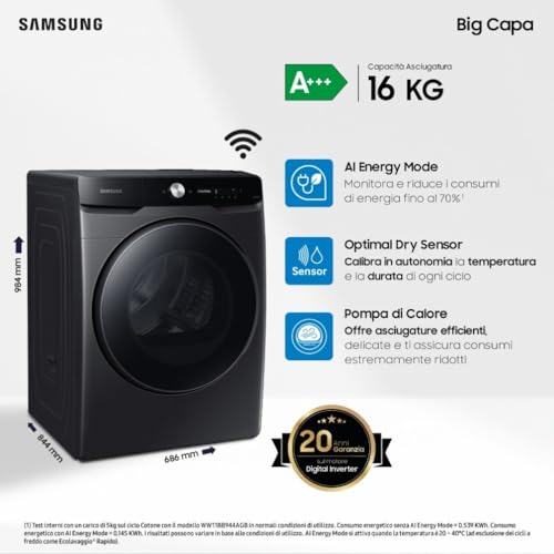 Samsung Asciugatrice DV16DG8600BVU3, 16 kg, Pompa di Calore, Wifi, AI Dry, Programma Igienizzante, Carica Frontale, 68,6L x 98,4H x 84,4P cm - Prova pratica